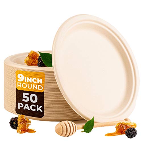 Beeleeve Einweg-Bagasse-Pappteller, rund, 22,9 cm, 100 % kompostierbar, biologisch abbaubare Zuckerrohrfaser, robust, nachhaltig und lebensmittelecht, Naturbraun, 50 Stück von Beeleeve