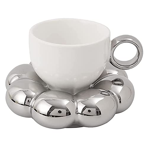Kaffeetassen- und Untertassen-Set mit Blumenmotiv, süße Tasse und Untertasse, Keramik, Kaffeetasse mit Sonnenblumen-Untertasse, Latte-Tassen, 200 ml, Silber von Beelooom