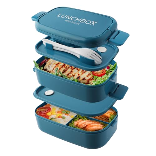 Bento Lunch Box stapelbar, 1400ml Behälter mit 4 Fächern und Besteck, auslaufsichere 2-Schicht-Boxen, für Erwachsene Kinder Büro, Mikrowelle spülmaschinenfest (Reines Blau) von Beeptrum