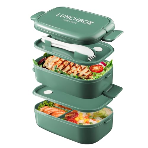 Bento Lunch Box stapelbar, 1400ml Behälter mit 4 Fächern und Besteck, auslaufsichere 2-Schicht-Boxen, für Erwachsene Kinder Büro, Mikrowelle spülmaschinenfest (Reines Grün) von Beeptrum