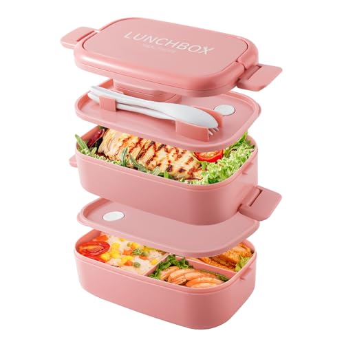 Bento Lunch Box stapelbar, 1400ml Behälter mit 4 Fächern und Besteck, auslaufsichere 2-Schicht-Boxen, für Erwachsene Kinder Büro, Mikrowelle spülmaschinenfest (Reines Rosa) von Beeptrum