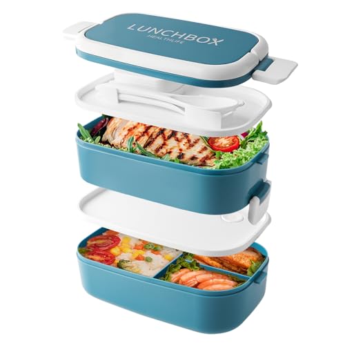Bento Lunch Box stapelbar, 1400ml Behälter mit 4 Fächern und Besteck, auslaufsichere 2-Schicht-Boxen, für Erwachsene Kinder Büro, Mikrowelle spülmaschinenfest (Blau) von Beeptrum