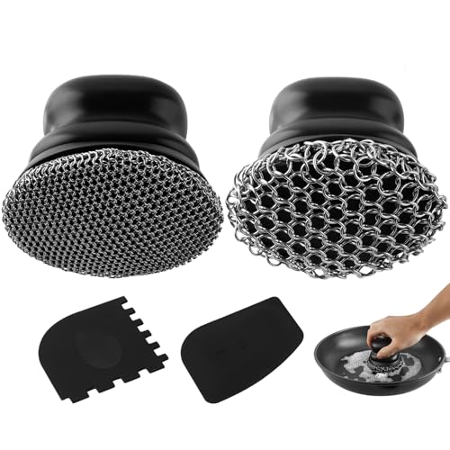 Schrubber für Gusseisenpfanne, Topfreiniger mit 2 Schabern, Kettenbürste für Geschirr, Töpfe, Pfannen, Grillplatten, Grills (Schwarz, kleines+ großes Kettenhemd,2 Stück) von Beeptrum