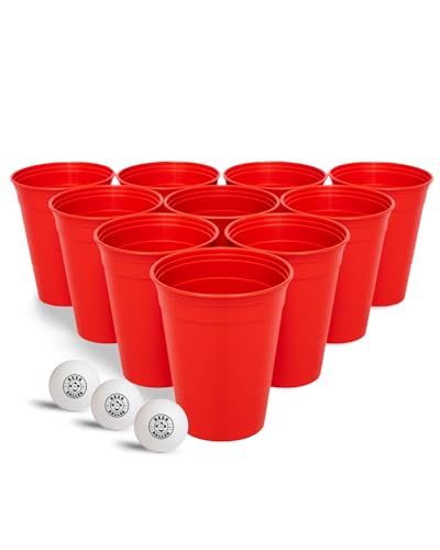BEERBALLER® Unbreakable Cups - 22 Hartplastik Party Becher (Rot) & 3 Bälle | Mehrweg Becher | extra stabil | spülmaschinenfest & wiederverwendbar | 473ml - 16oz - Red Cups | Made in Germany von BeerBaller
