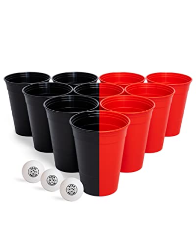 BEERBALLER® Unbreakable Cups - 22 Hartplastik Party Becher (Rot/Schwarz) & 3 Bälle | Mehrweg Becher | extra stabil | spülmaschinenfest & wiederverwendbar | 473ml - 16oz - Red Cups | Made in Germany von BeerBaller