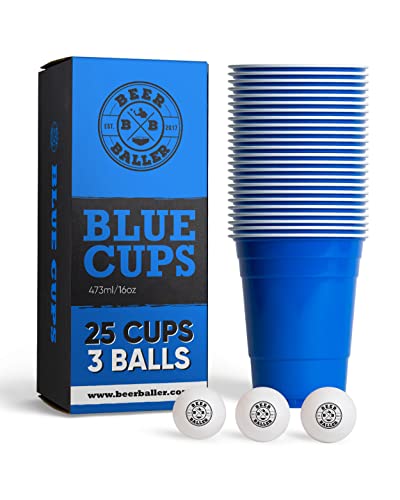 Blue Cups - 25 blaue Party Becher & 3 Bälle | spülmaschinenfest & wiederverwendbar | 473ml - 16oz Partybecher | blaue Party Cups | Original American Red Cups von BeerBaller