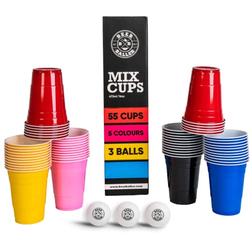 Mix Party Becher Set - 5 Farben - 55 Party Becher - 3 Bälle | 473ml - 16oz Partybecher | spülmaschinenfest & wiederverwendbar | bunte Party Cups | Original American Red Cups von BeerBaller