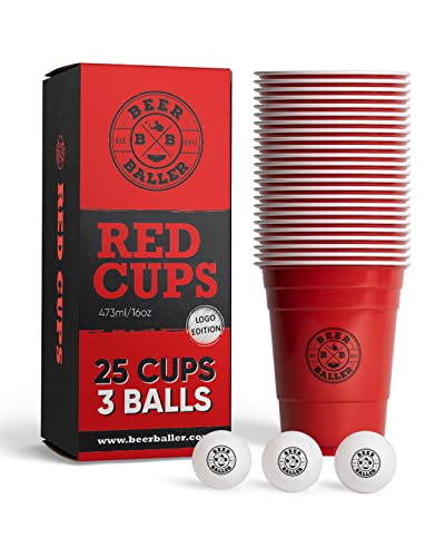 Party Becher Set - 25 Logo Red Cups & 3 Bälle | spülmaschinenfest & wiederverwendbar | 473ml - 16oz Partybecher | rote Party Cups | Original American Party Becher von BeerBaller