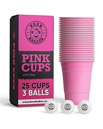 Pink Cups - 25 pinke Party Becher & 3 Bälle | spülmaschinenfest & wiederverwendbar | 473ml - 16oz Partybecher | rosa Party Cups | Original American Red Cups von BeerBaller