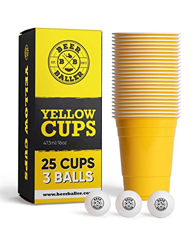 Yellow Cups - 25 gelbe Party Becher & 3 Bälle | spülmaschinenfest & wiederverwendbar | 473ml - 16oz Partybecher | gelbe Party Cups | Original American Red Cups von BeerBaller