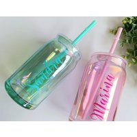 Glasbecher Mit Strohhalm Und Bambusdeckel Personalisiertes Glas Geschenk Teenager Geburtstagsgeschenk Konfirmationsgeschenk Iridescant von BeereOnTop