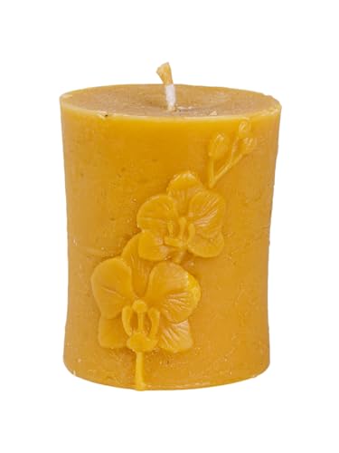 BeesWax World Handgefertigte Bienenwachskerzen – Naturwachs Kerzen mit Baumwoll-Docht – 100% reines Bienenwachs – dekorative Walzenkerzen (Mittlerer Zylinder mit Orchidee – Höhe: 90 mm) von BeesWax