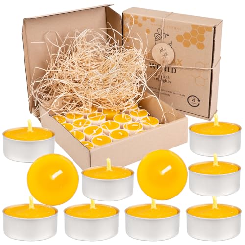 BeesWax World Teelichter aus 100 % natürlichem Bienenwachs | 10-50-teiliges Set mit stabilen Dochten | Ø 37 mm | 4 Std Brenndauer – Metall | Transparent | Weiß – Allergiefrei (Metall, 25) von BeesWax
