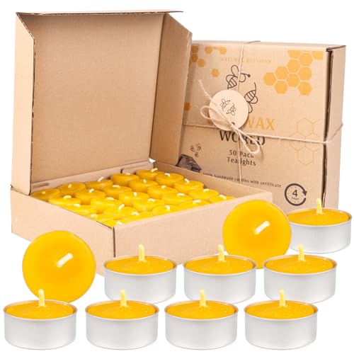 BeesWax World Teelichter aus 100 % natürlichem Bienenwachs | 10-50-teiliges Set mit stabilen Dochten | Ø 37 mm | 4 Std Brenndauer – Metall | Transparent | Weiß – Allergiefrei (Metall, 50) von BeesWax