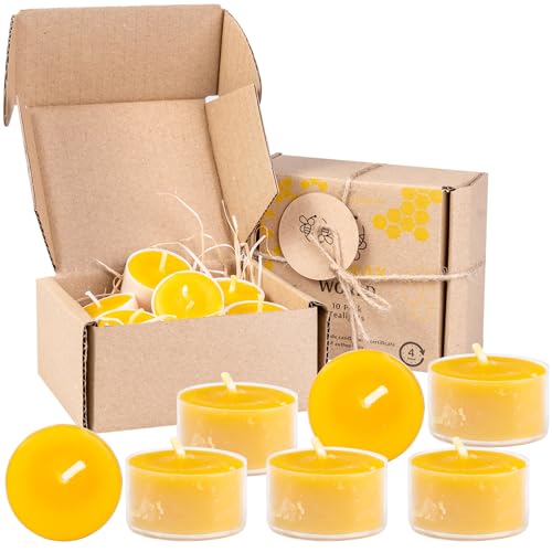 BeesWax World Teelichter aus 100 % natürlichem Bienenwachs | 10-50-teiliges Set mit stabilen Dochten | Ø 37 mm | 4 Std Brenndauer – Metall | Transparent | Weiß – Allergiefrei (Transparent, 10) von BeesWax