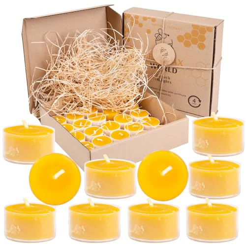 BeesWax World Teelichter aus 100 % natürlichem Bienenwachs | 10-50-teiliges Set mit stabilen Dochten | Ø 37 mm | 4 Std Brenndauer – Metall | Transparent | Weiß – Allergiefrei (Transparent, 25) von BeesWax