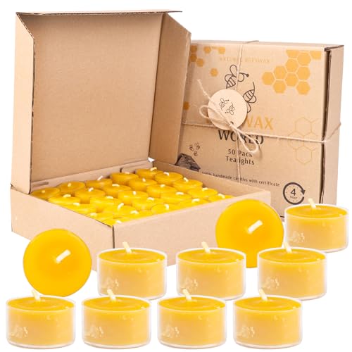 BeesWax World Teelichter aus 100 % natürlichem Bienenwachs | 10-50-teiliges Set mit stabilen Dochten | Ø 37 mm | 4 Std Brenndauer – Metall | Transparent | Weiß – Allergiefrei (Transparent, 50) von BeesWax