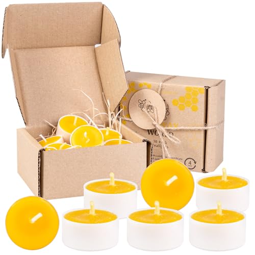 BeesWax World Teelichter aus 100 % natürlichem Bienenwachs | 10-50-teiliges Set mit stabilen Dochten | Ø 37 mm | 4 Std Brenndauer – Metall | Transparent | Weiß – Allergiefrei (Weiß, 10) von BeesWax