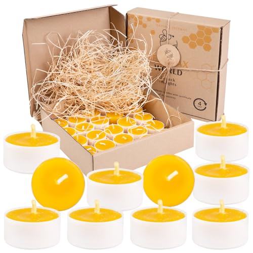 BeesWax World Teelichter aus 100 % natürlichem Bienenwachs | 10-50-teiliges Set mit stabilen Dochten | Ø 37 mm | 4 Std Brenndauer – Metall | Transparent | Weiß – Allergiefrei (White, 25) von BeesWax