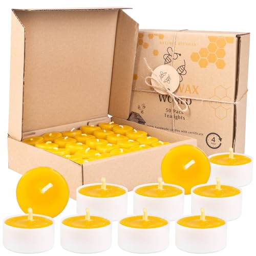 BeesWax World Teelichter aus 100 % natürlichem Bienenwachs | 10-50-teiliges Set mit stabilen Dochten | Ø 37 mm | 4 Std Brenndauer – Metall | Transparent | Weiß – Allergiefrei (White, 50) von BeesWax