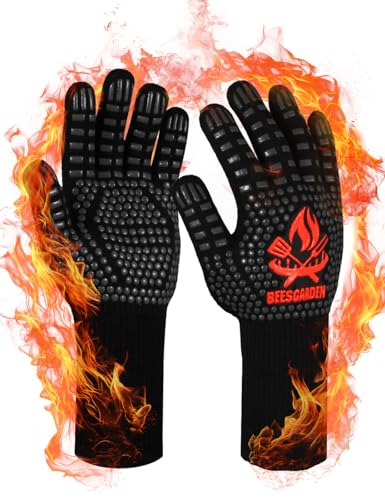 Beesgarden Grillhandschuhe Hitzebeständig bis 800°C Extrem Hitzebeständige, Feuerfest Ofenhandschuhe Topfhandschuhe BBQ Kochhandschuhe Backhandschuhe, Ideale für Ofen, BBQ, Kochen, Schwarz (L/XL/XXL) von Beesgarden