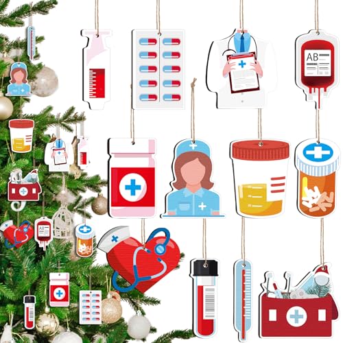 Beeveer 48 Stück Weihnachten Krankenschwester Holz Ornament Medizin Krankenschwester Uniform Stethoskop Erste Hilfe Thermometer Hängende Holzdekorationen Krankenschwester Tablett Ornament von Beeveer