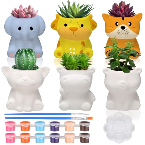 Beeveer 6 Sets Bemalen Sie Ihre eigenen Keramik-Tier-Sukkulenten-Übertöpfe, bemalbare Tier-Keramik, kleine DIY-Figuren, unlackierte Sukkulentententöpfe mit Drainageloch für Erwachsene von Beeveer