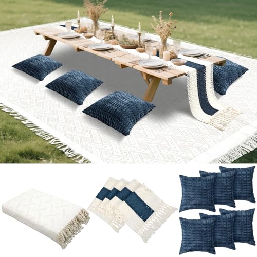 Beeveer Extra große Outdoor-Picknickdecke im Boho-Stil, 230 x 180 cm, marineblau, Tischläufer mit 6 Kissenbezügen, gewebtes Baumwollgarn, übergroße Stranddecke, waschbar, für Sommer, Picknick, Camping von Beeveer