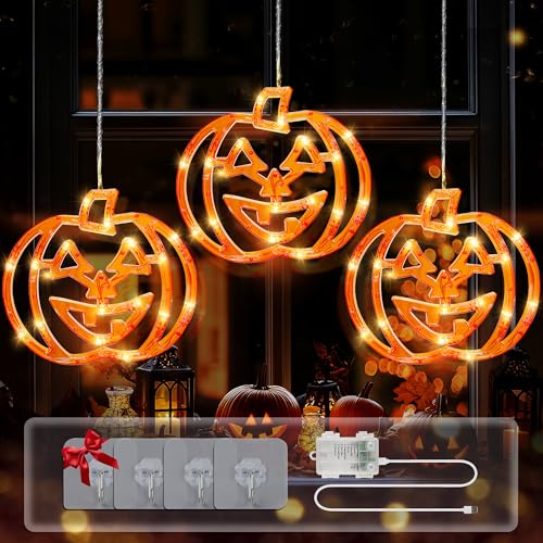 BEEWIN Halloween Fensterlichter, 48 LED 3 Orange Kürbis Halloween Lichter mit Timer, 8 Modi Wasserdicht USB und Batteriebetriebene Hängeleuchte für Außen Innen Terrasse Party Home Dekorationen BEEWIN Halloween Fensterlichter, 48 LED 3 Orange Kürbis Halloween Lichter mit Timer, 8 Modi Wasserdicht USB und Batteriebetriebene Hängeleuchte für Außen Innen Terrasse Party Home Dekorationen von Beewin