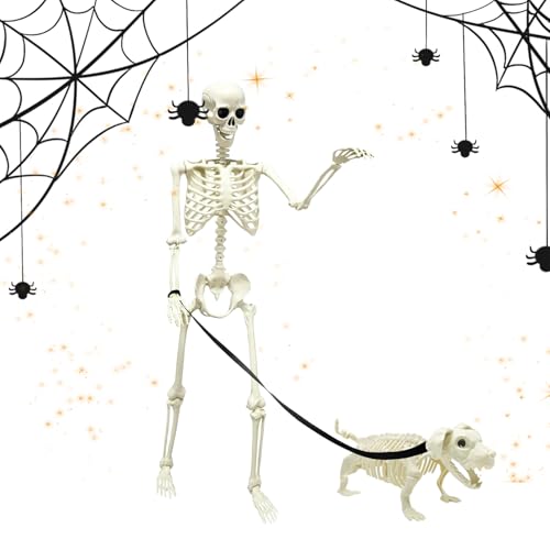 Befeixue Halloween Skelett, Halloween Skelett Deko mit Hund, Totenkopf Deko Gruseldekoration Für Garten Vorgarten Terrasse Outdoor Friedhof Gruselhaus Fest von Befeixue
