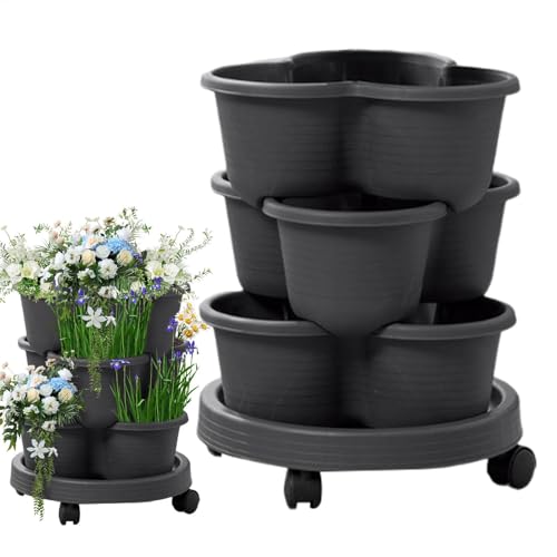Befeixue Stapelbare Pflanztöpfe | Pflanzturm Mit Rädern | 3 Ebenen Erdbeeranbau Töpfe | Set Von 4 Stapelbaren Vertikalen Blumentopf | Garten Pflanzer Im Freien Für Gemüses Früchte Tomaten von Befeixue