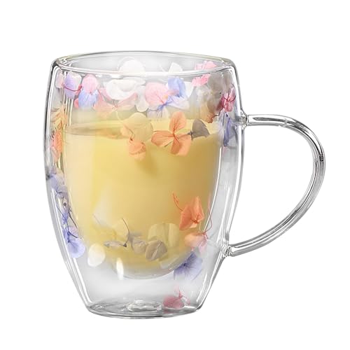 Getrocknete Blumen Glas Kaffeetasse, Klare Trockenblumen Glastasse, Neuartige Doppelwandige Glasbecher, Ästhetische Glas Kaffeetasse Mit Henkel, Hitzebeständige Trinkbecher Kreatives Geschenk von Befeixue