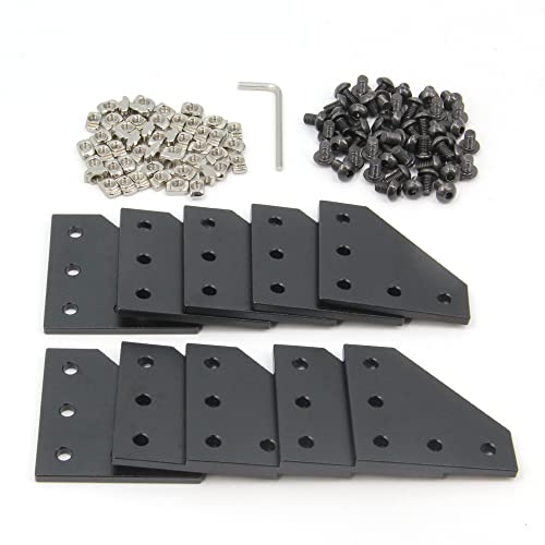 Befenybay 10 Stück/Set schwarze L-Eckhalterungsplatte mit 50 Stück M5 x 8 mm Schrauben und 50 Stück M5 T-Muttern für Aluminiumprofil-3D-Druckerrahmen der Serie 2020 (Schwarz L-10 mit Schraube) von Befenybay