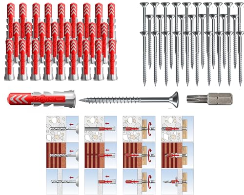 Fischer DUOPOWER DÜBEL mit SCHRAUBEN und BIT, Universaldübel, leistungsstarker 2K-Dübel, zur Befestigung in Beton, Ziegeln, Stein, Gipsbauplatten (10x50mm + 6,0x70mm Schrauben, 50, Stück) von Befestigungstechnik Gramsch