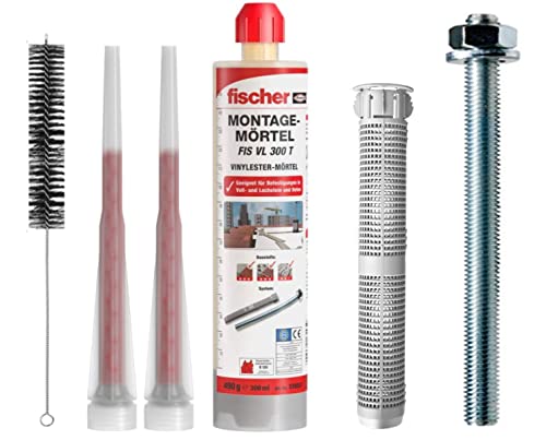 Fischer Schwerlastbefestigungs Set 4 Stück M12x120 FIS Ankerstange verzinkt + 4 Stück Siebhülse + 1 Stück Montagemörtel mit Statikmischer + BTG Bürste von Befestigungstechnik Gramsch