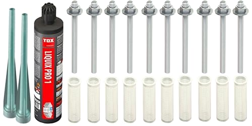 Schwerlast-Befestigungsset mit ZULASSUNG : 10x 8x130mm Ankerstangen gvz. + 1x Liquix Pro 1 + 10x 12x80mm Siebhülsen, Montagesets M6-M16 (Verzinkter Stahl, M8 x 130mm) von Befestigungstechnik Gramsch