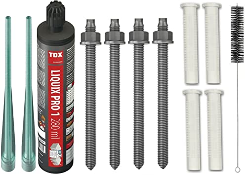 Schwerlastbefestigung SET M10x130mm EDELSTAHL A4 - TOX Verbundmörtel Liquix Pro 1 + 4 Gewindestangen + 4 Siebhülsen 16x85mm + Zylinderbürste/Klebeanker Ankerstangen von Befestigungstechnik Gramsch