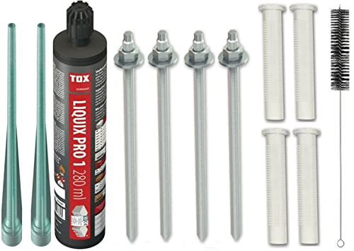 Schwerlastbefestigung SET M8x150mm VERZINKTER STAHL 5.8 TOX Verbundmörtel Liquix Pro 1 + 4 Gewindestangen + 4 Siebhülsen 12x80mm + Zylinderbürste/Klebeanker Ankerstangen von Befestigungstechnik Gramsch