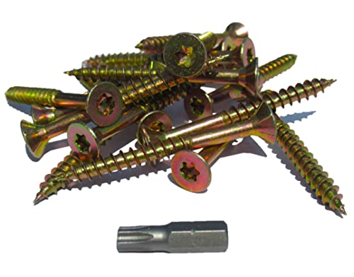 Spanplattenschrauben PROFI inklusive passendem BIT, Schrauben galv. verzinkt und gelb chromatiert mit spezieller Oberflächen-Gleitbeschichtung + passenden BIT (5,0 x 60mm - T20, 100) von Befestigungstechnik Gramsch