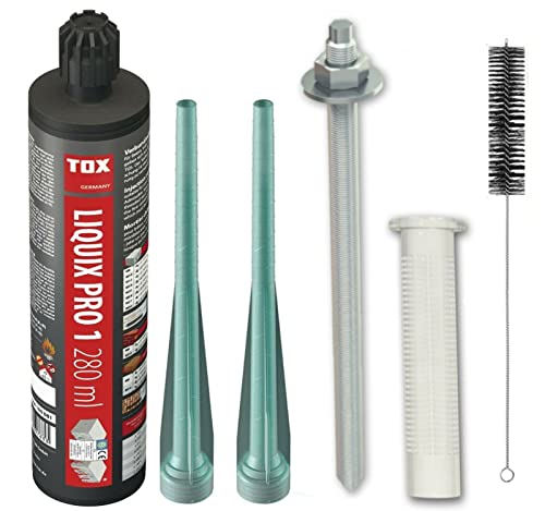 TOX Schwerlastbefestigungs 2K Injektionsmörtel Set 4 Stück M12x160 Stix Ankerstange EDELSTAHL A4 + 4 Stück Siebhülse + 1 Stück Montagemörtel mit Statikmischer + BTG Bürste von Befestigungstechnik Gramsch