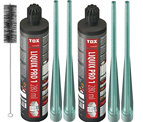 Tox Liquix 280 ml | 2K Injektionsmörtel | Verbundmörtel | Chemiedübel für Beton & Mauerwerk | inkl. 4x Mischer/Schwerlastbefestigung | Montagemörtel Klebeanker (2x 280ml)+BTG Bürste von Befestigungstechnik Gramsch