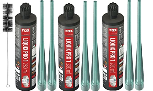 Tox Liquix Pro1 280 ml | 2K Injektionsmörtel | Verbundmörtel | Chemiedübel Beton & Mauerwerk | inkl. 6x Mischer| Schwerlastbefestigung | Montagemörtel Klebeanker (3x 280ml)+BTG Bürste von Befestigungstechnik Gramsch