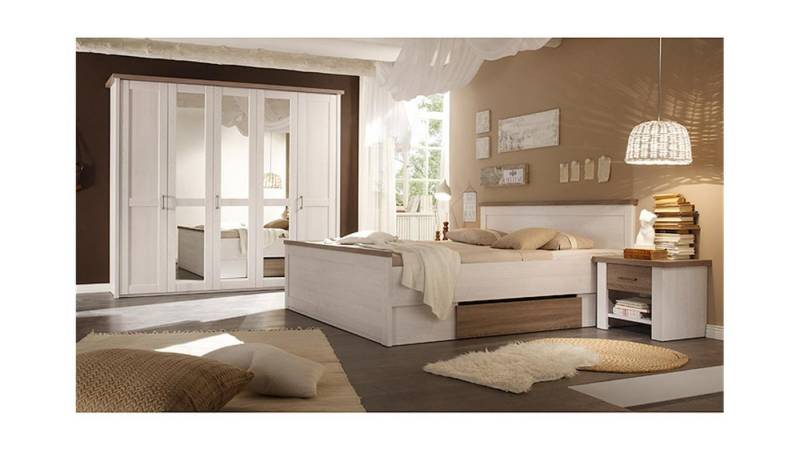 Bega Consult Schlafzimmer-Set Schlafzimmer Set Luca 4 teilig Pinie weiß und Trüffel, (4-tlg) von Bega Consult