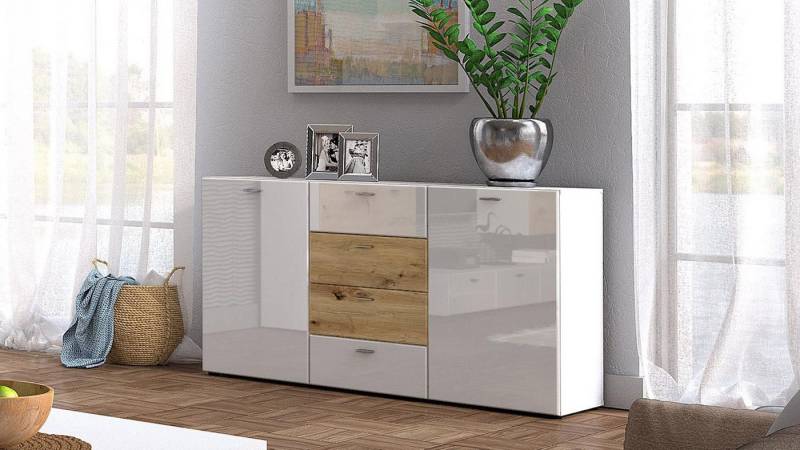 Bega Consult Sideboard Sideboard SARI Kommode weiß hochglanz und Artisan Eiche von Bega Consult