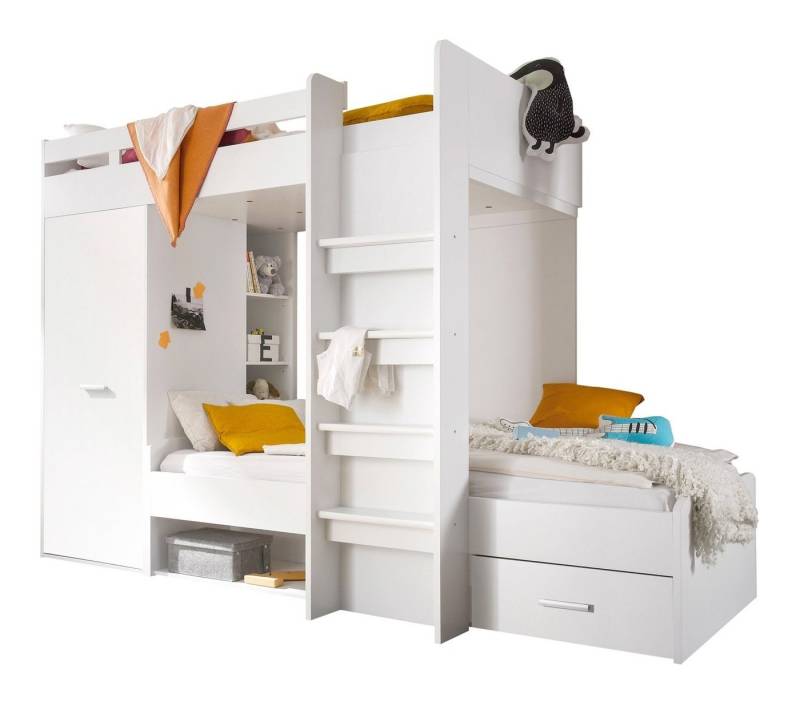 Begabino Hochbett Etagenbett für 2 Kinder MAXI, 90 x 200 cm, Weiß, mit Regalelement und integriertem Kleiderschrank von Begabino