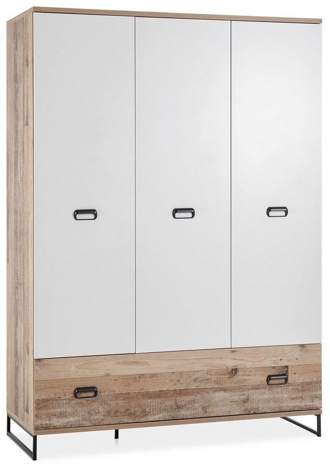 Begabino Kleiderschrank RONNY, B 143 x H 201 cm, Old Style hell Dekor, mit 3 weißen Türen und 1 großen Schublade von Begabino