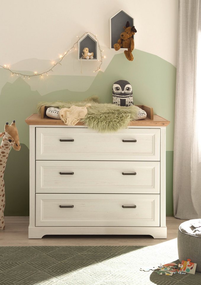 Begabino Wickelkommode Jasmin Kommode mit Wickelaufsatz, im Landhausstil, Kommode mit 3 Schubkästen von Begabino