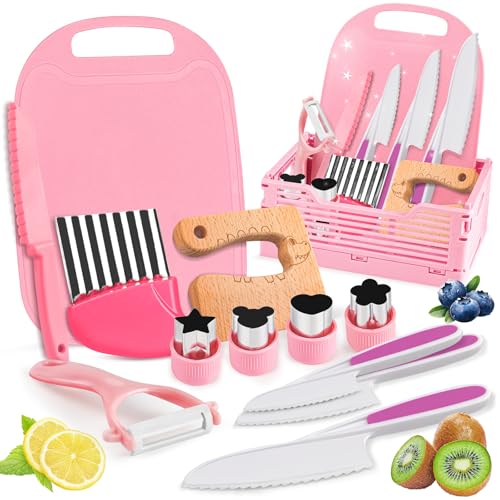 Kindermesser Set-13pcs Kinder Küchenmesser mit Faltbarer Aufbewahrungsbox und Holzmesser/Wellenschneider Montessori Messerset Spielzeug für Kinder ab 2 3 4 5 6+ Jahre-Rosa von Beginreally