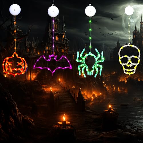 4 Stück Halloween Outdoor Fensterlichter mit Saugnapf, Halloween Deko Orange Kürbisse Grüne Spinne Lila Fledermaus Weiß Geister, Lichterkette für Garten, Balkon Haus, Tür Party, Bäume 4 Stück Halloween Outdoor Fensterlichter mit Saugnapf, Halloween Deko Orange Kürbisse Grüne Spinne Lila Fledermaus Weiß Geister, Lichterkette für Garten, Balkon Haus, Tür Party, Bäume von Begonia