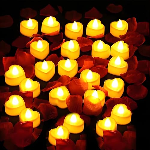 Begonia 24PCS Herz Form LED Teelichter Kerzen, 2000 Stücke Künstliche Gefälschte Rosenblätter, 24 Herzförmige Flammenlose LED Teelicht, Valentinstag LED Kerze für Hochzeiten, Heiratsantrag Deko von Begonia